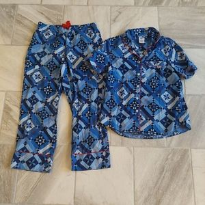 Lands End Women's Pajama Set Cotton Blue Geometric Quilt Pattern Small